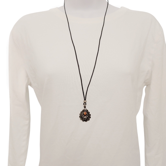 CITRINE Silver Pendant Necklace Leather Long Black Cord - Picture 11 of 12